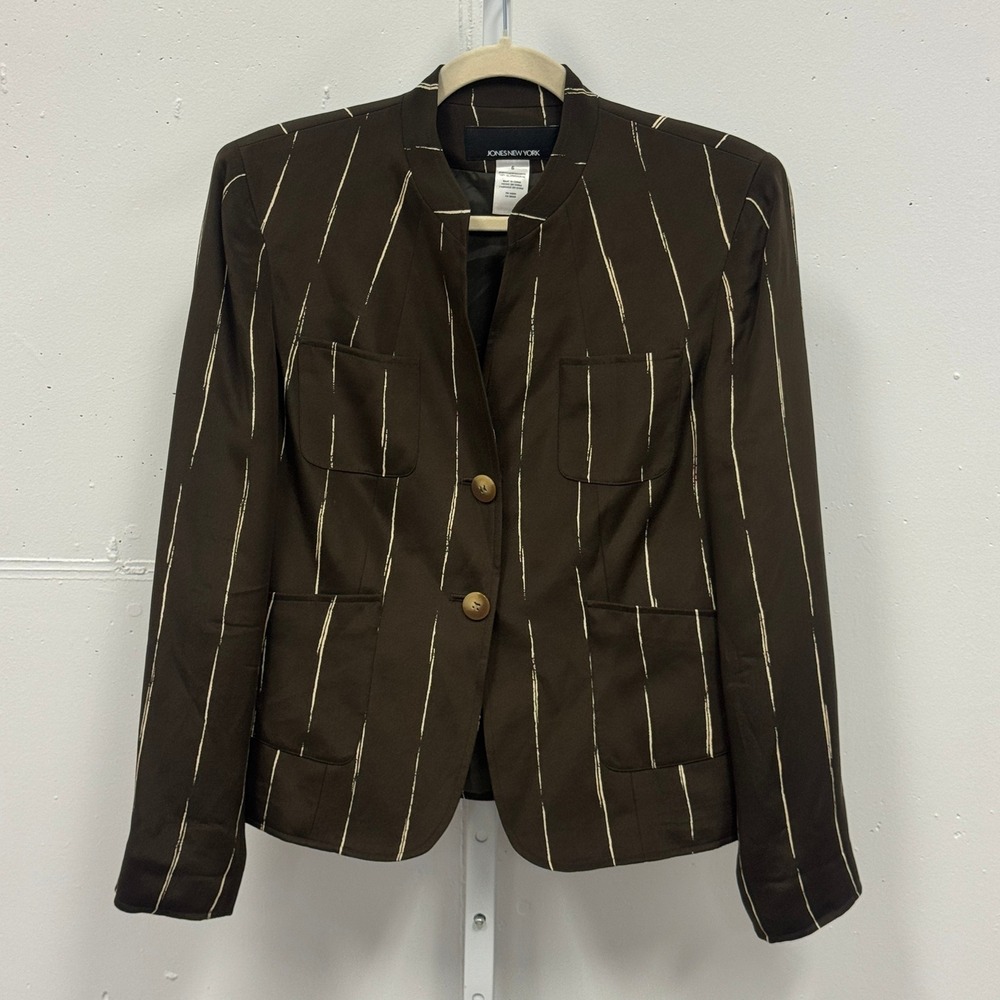 Jones New York Silk Pinstripe Blazer Stand Collar Jacket Size 6 Brown Classic